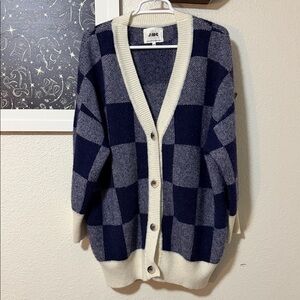 J.ING Navy and Cream Plaid Cardigan